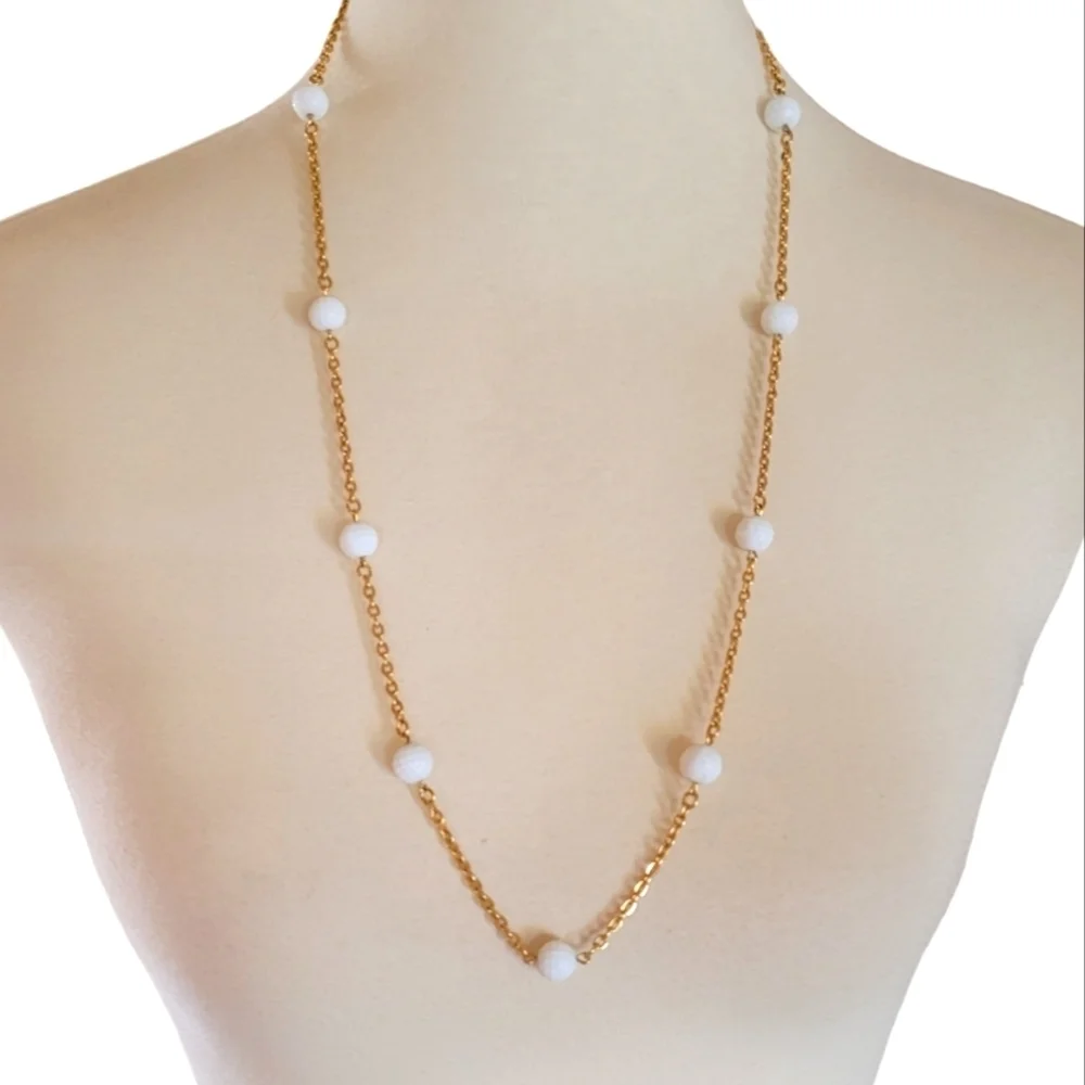 Vintage White Carved‎ Glass Bead and Gold Chain Necklace
